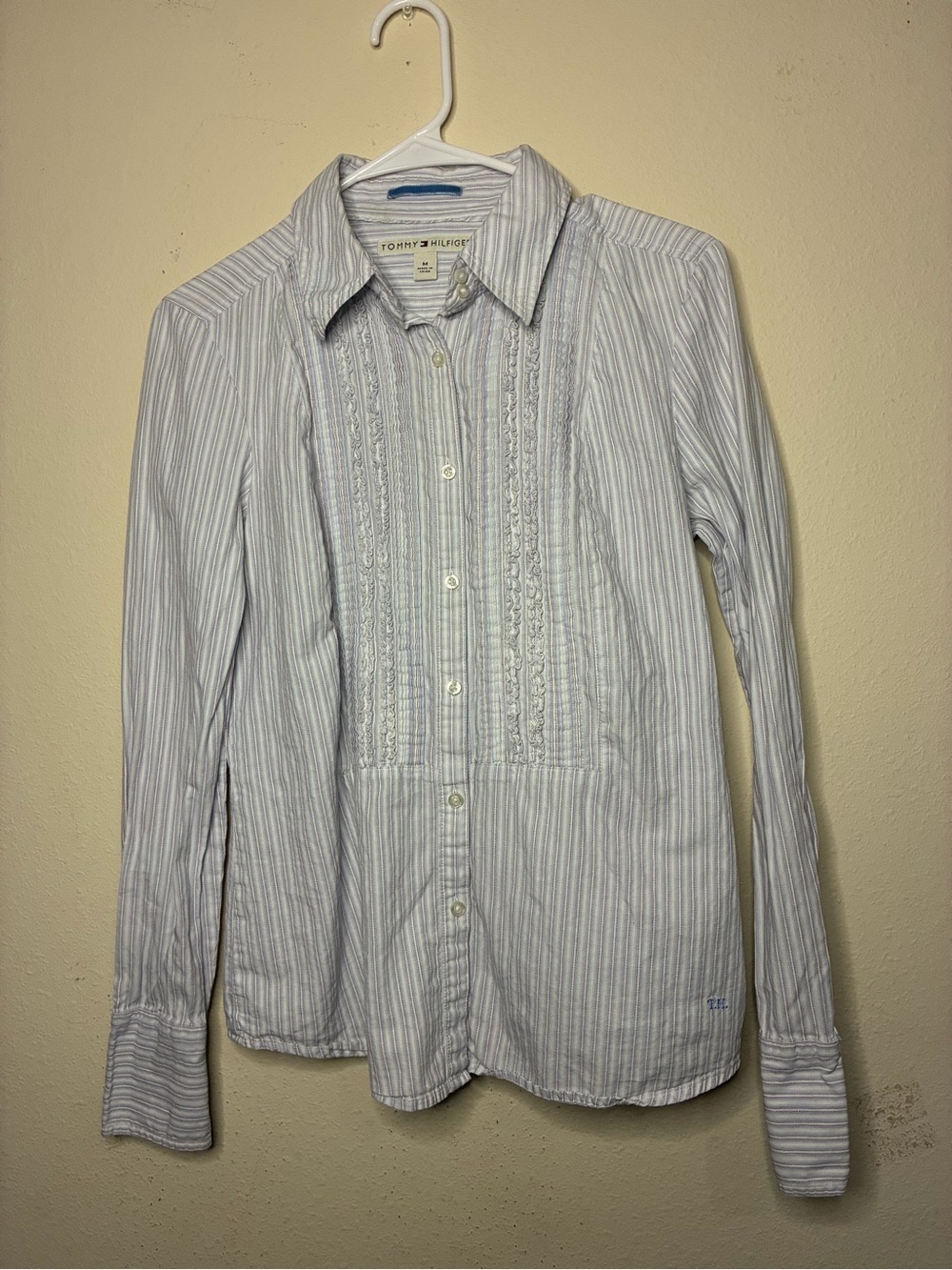 Tommy Hilfiger Medium Women's White Striped Ruffle Button Up Top Blouse Collar